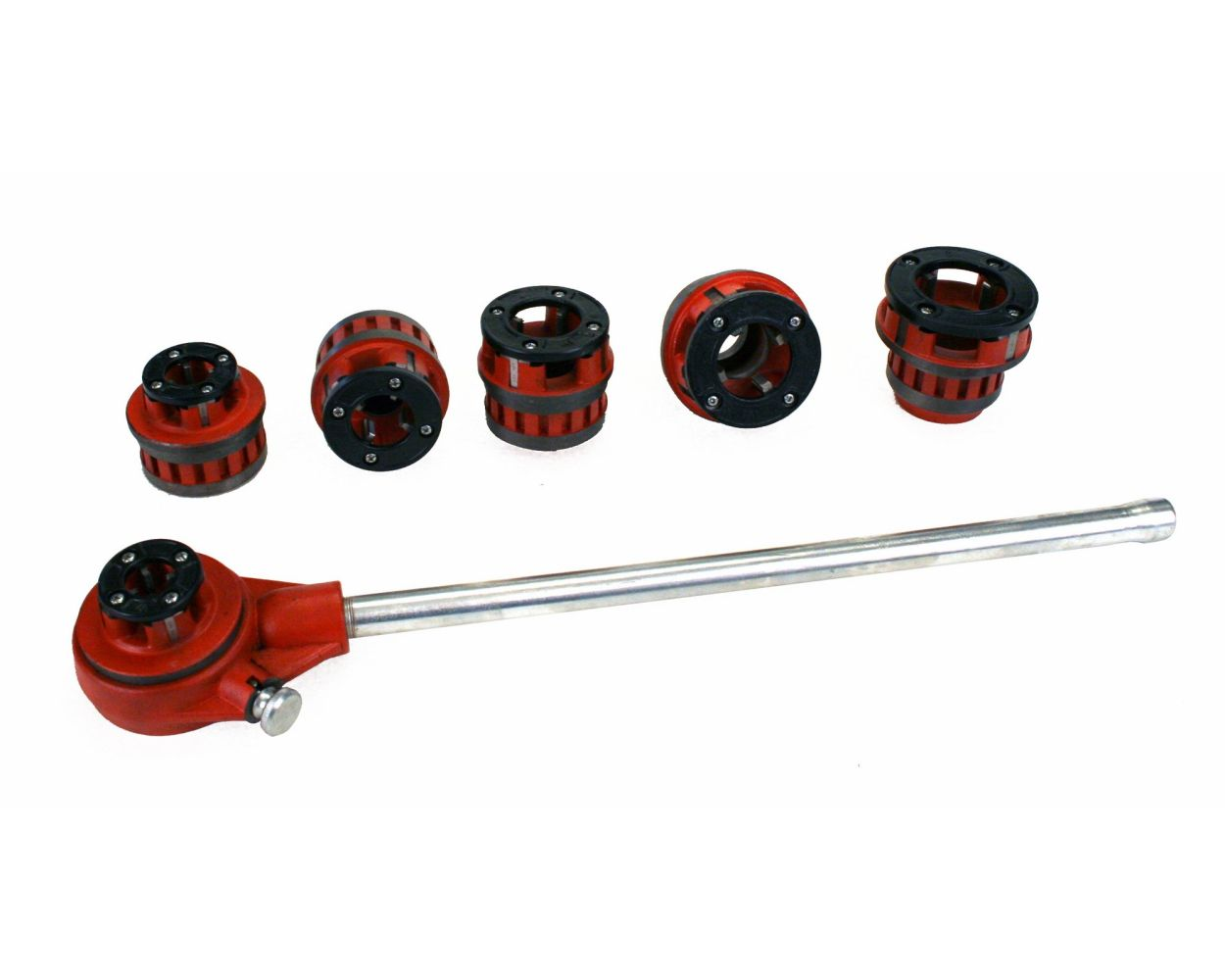 Complete hand-threading kit with die heads and ratchet handle